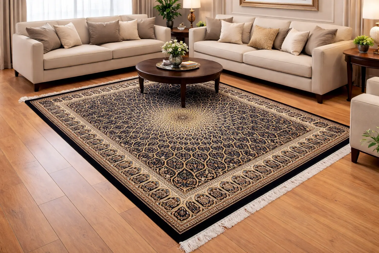 Hand knotted Persian style rug anchoring a modern living room with sofa and coffee table