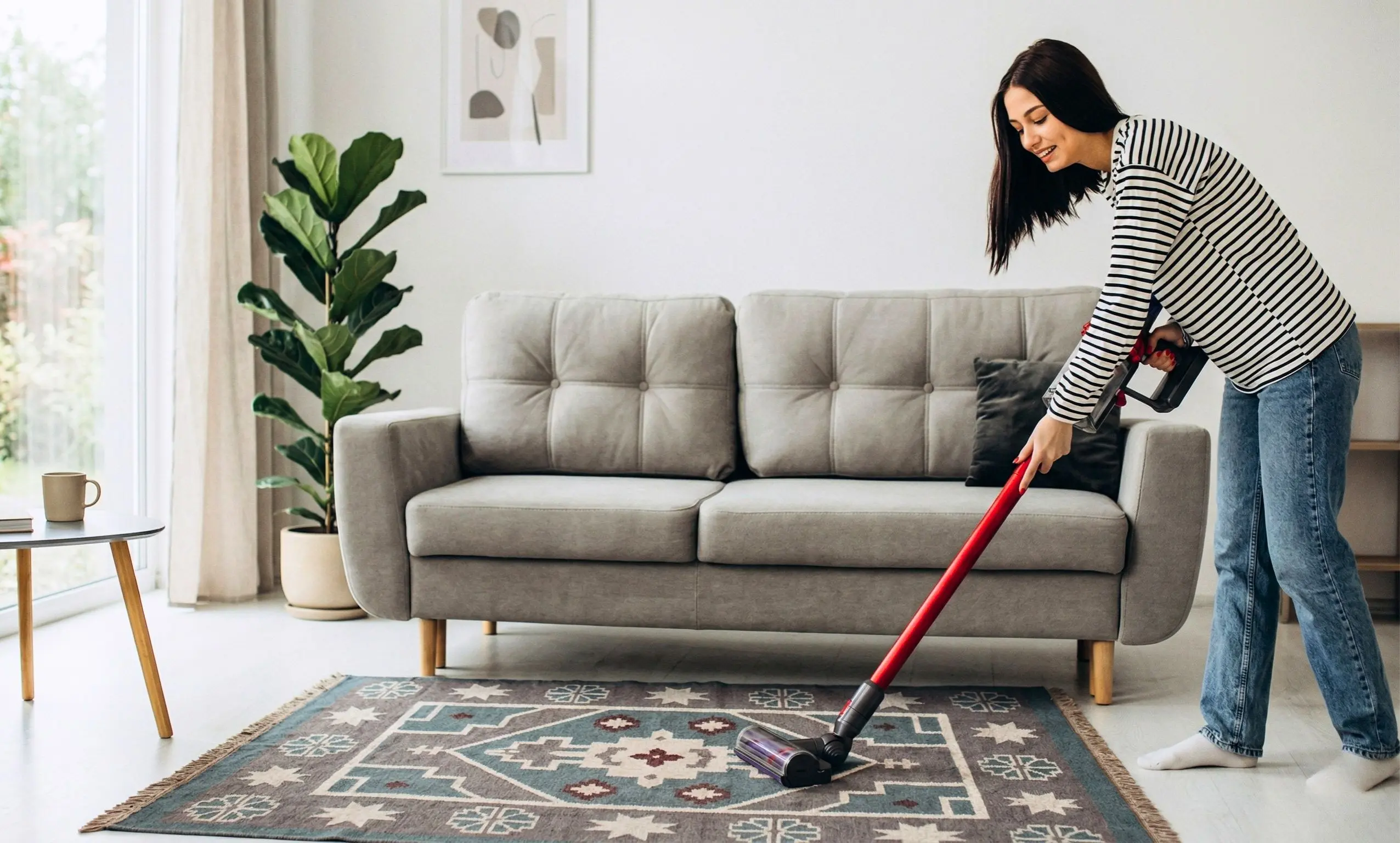 Woman vacuuming a hand knotted rug in a bright living room as part of regular rug care